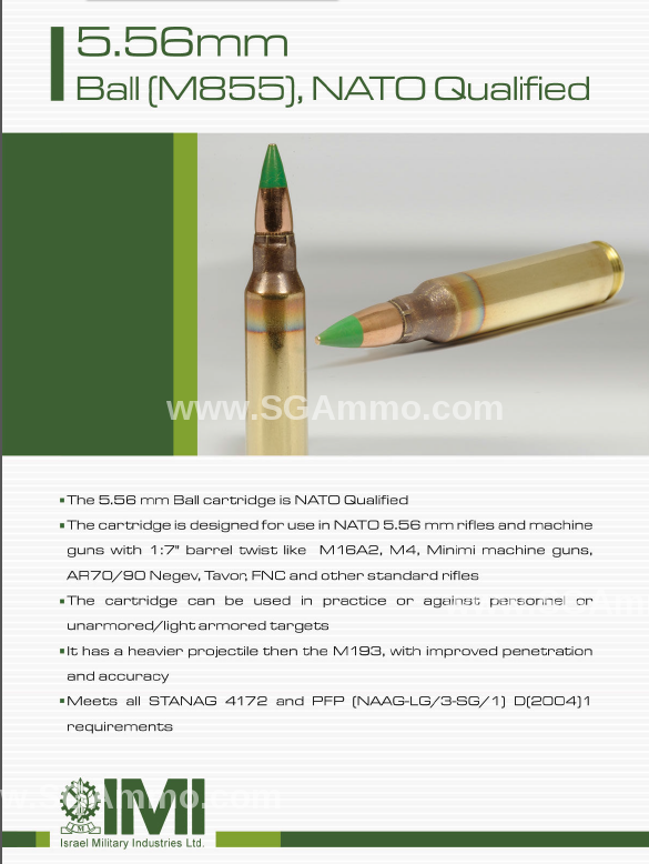 500 Round Case - 5.56mm 62 Grain Green Tip FMJ M855 IMI Ammo Made by Israel Military Industries
